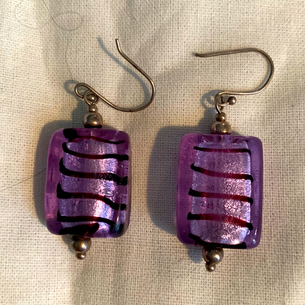 Purple stripes on purple glass rectangle earrings